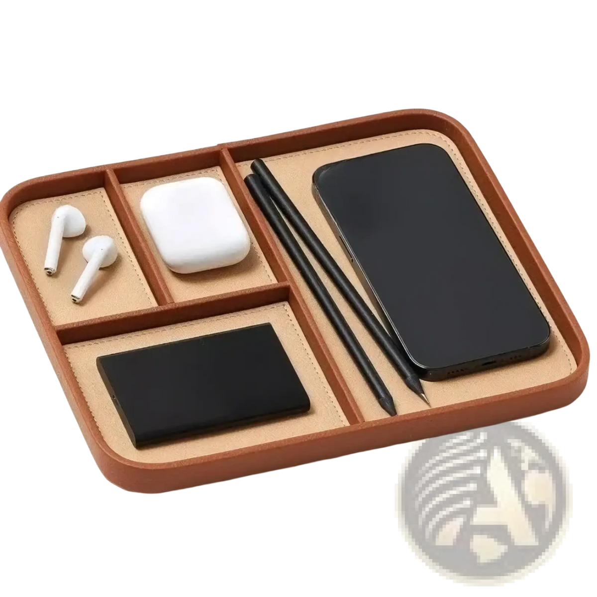 Brown leather desktop organizer tray with beige compartments holding wireless earbuds phone case and styluses minimalist bedside valet