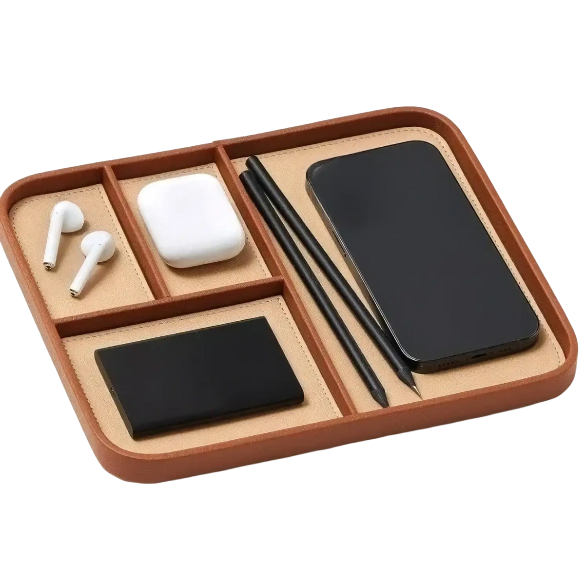 Brown leather desktop organizer tray with beige compartments holding wireless earbuds phone case and styluses minimalist bedside valet