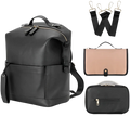 Black faux leather diaper bag backpack with textured surface adjustable straps and multiple zippered compartments