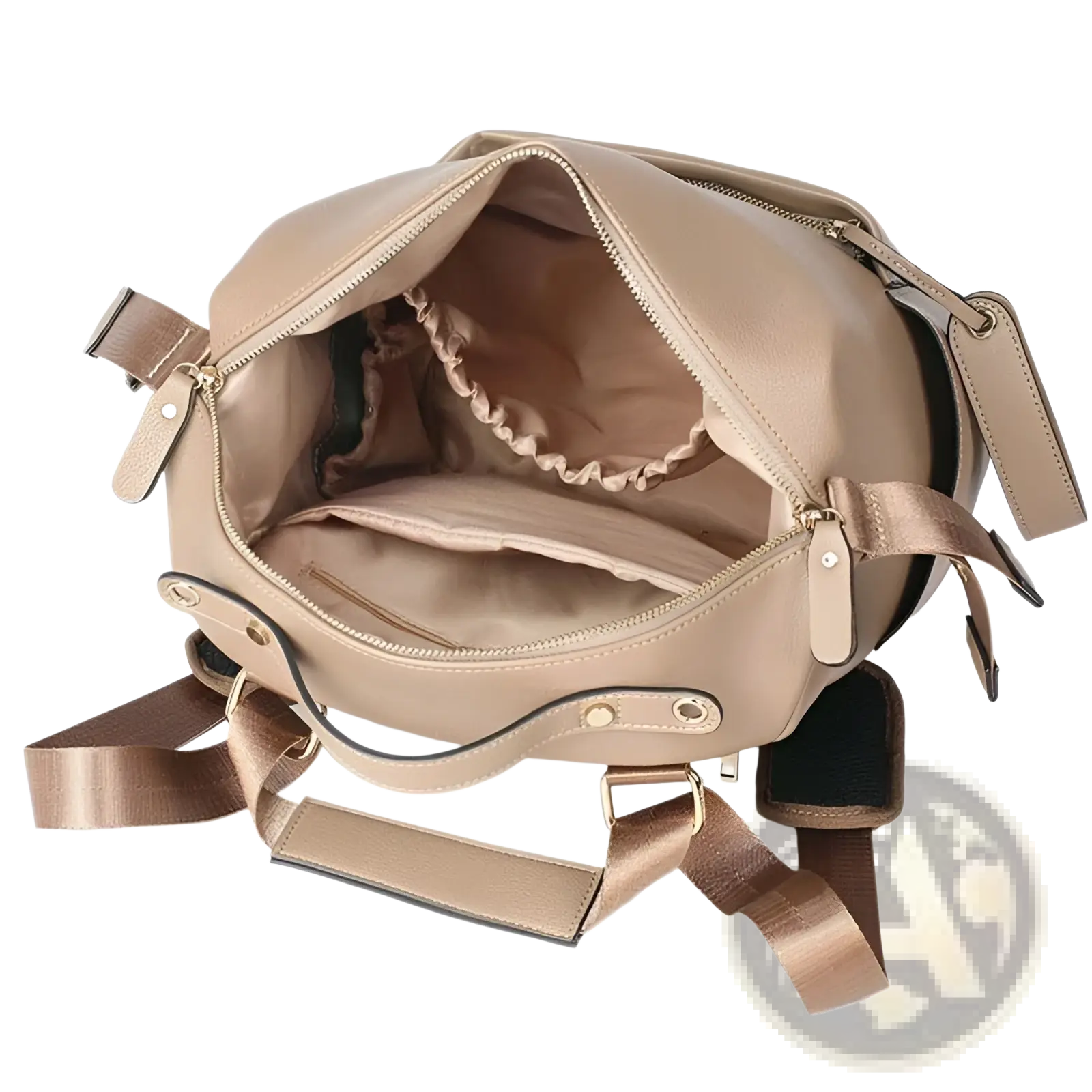 Beige leather diaper bag backpack with large capacity, adjustable straps, and multiple zippered compartments