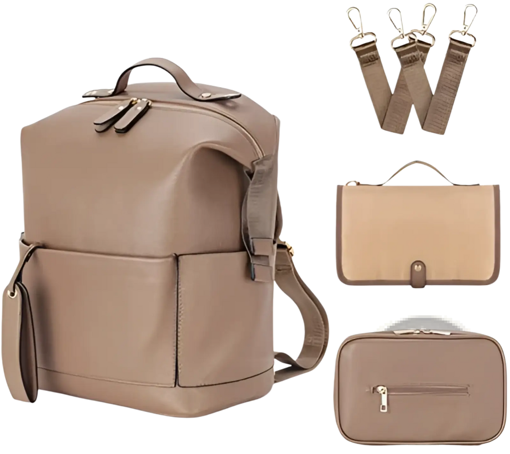 Beige faux leather diaper bag backpack with large capacity and matching detachable shoulder straps and two pouches