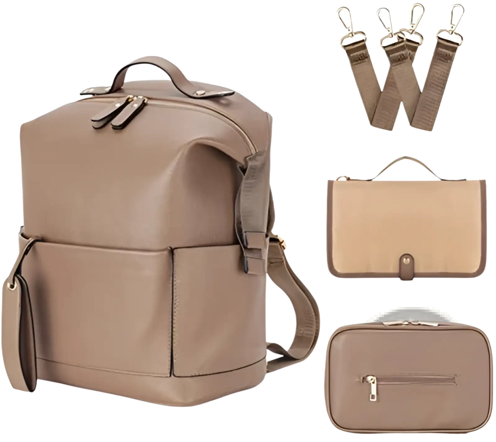 Beige faux leather diaper bag backpack with large capacity and matching detachable shoulder straps and two pouches