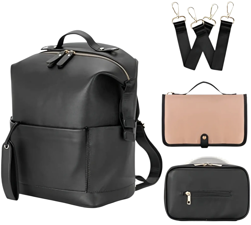 Black faux leather diaper bag backpack with textured surface adjustable straps and multiple zippered compartments