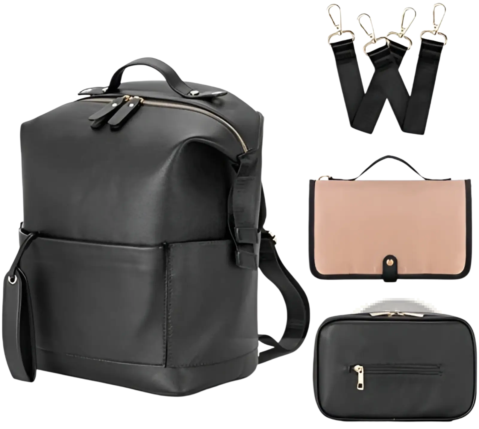 Black faux leather diaper bag backpack with textured surface adjustable straps and multiple zippered compartments