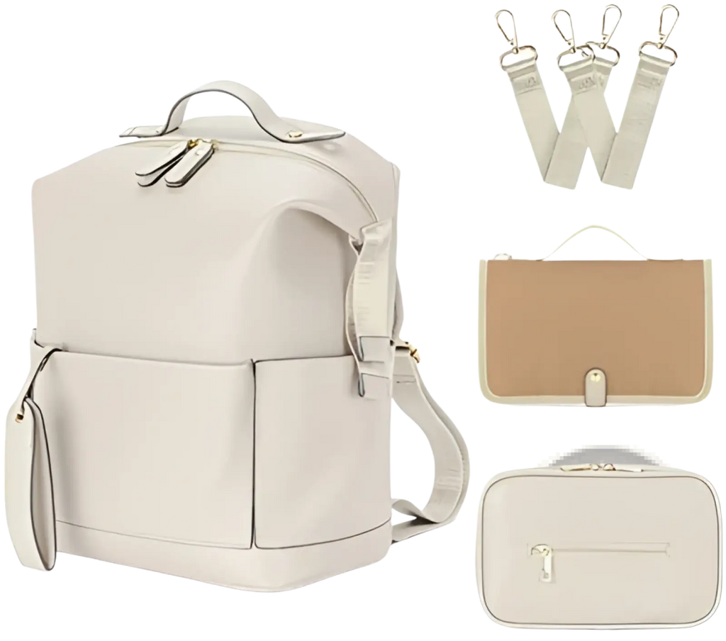 Cream-colored leather diaper bag backpack with large capacity, matching detachable straps, and two smaller pouches