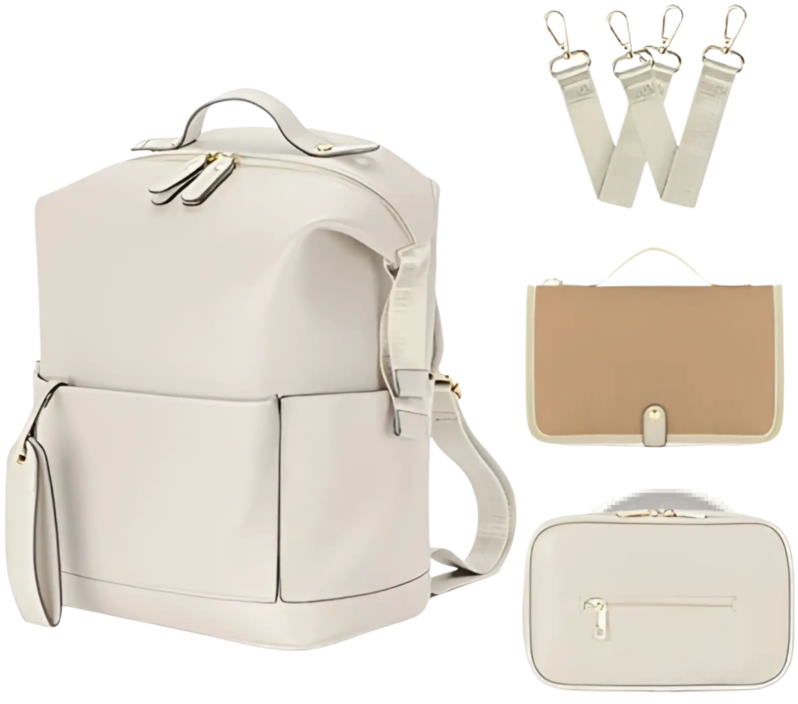 Cream-colored leather diaper bag backpack with large capacity, matching detachable straps, and two smaller pouches