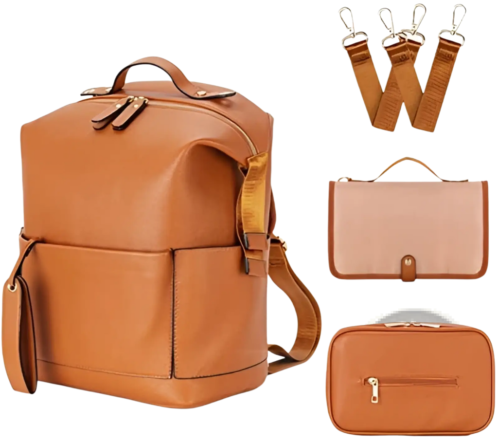 Tan leather diaper bag backpack with large capacity and matching detachable shoulder strap with two smaller pouches