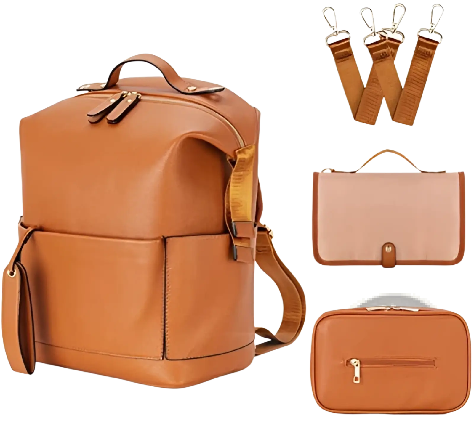 Tan leather diaper bag backpack with large capacity and matching detachable shoulder strap with two smaller pouches