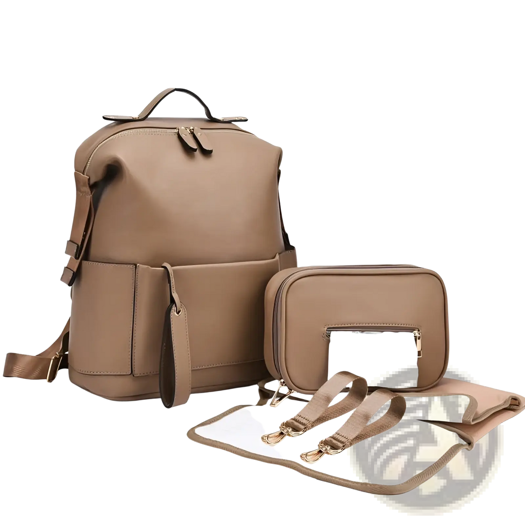 Tan leather diaper bag backpack large capacity set with matching baby changing bag and mat for organized travel