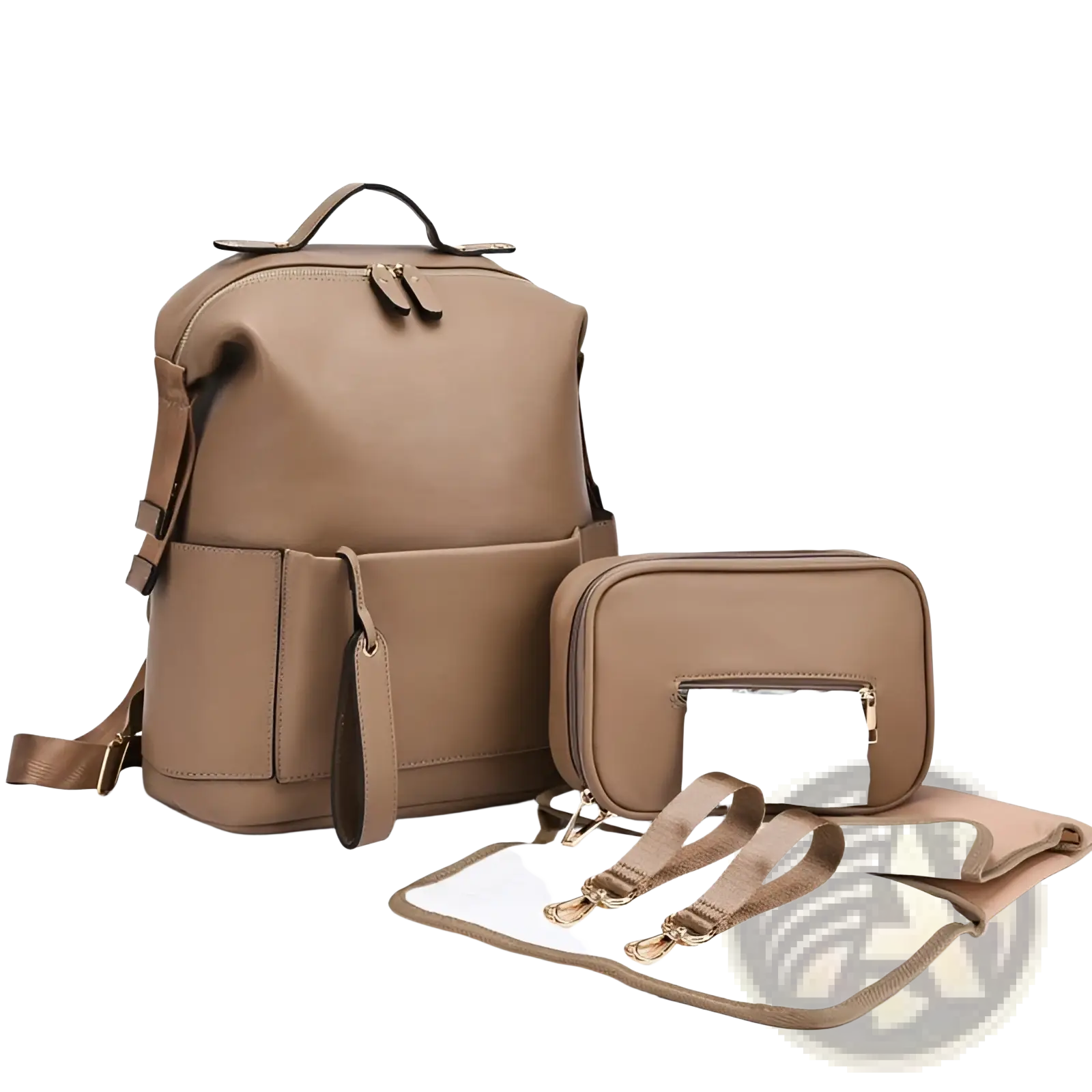 Tan leather diaper bag backpack large capacity set with matching baby changing bag and mat for organized travel