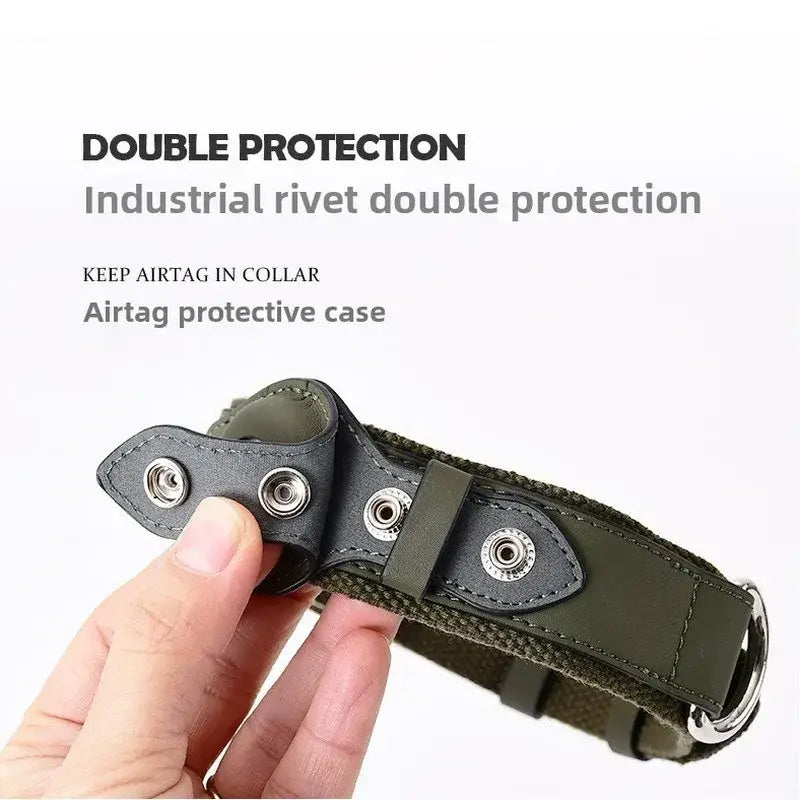 Olive green leather dog collar with webbing and industrial rivets for secure airtag protection in leather leash set