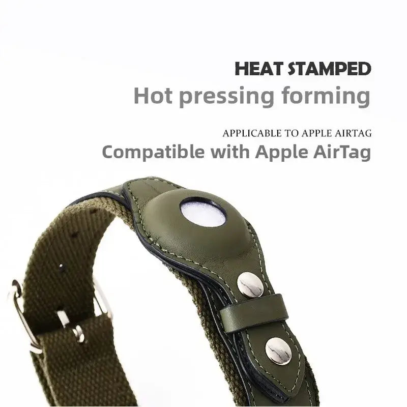 Olive green leather and canvas dog collar and leash set with heat-stamped metal hardware compatible with apple airtag