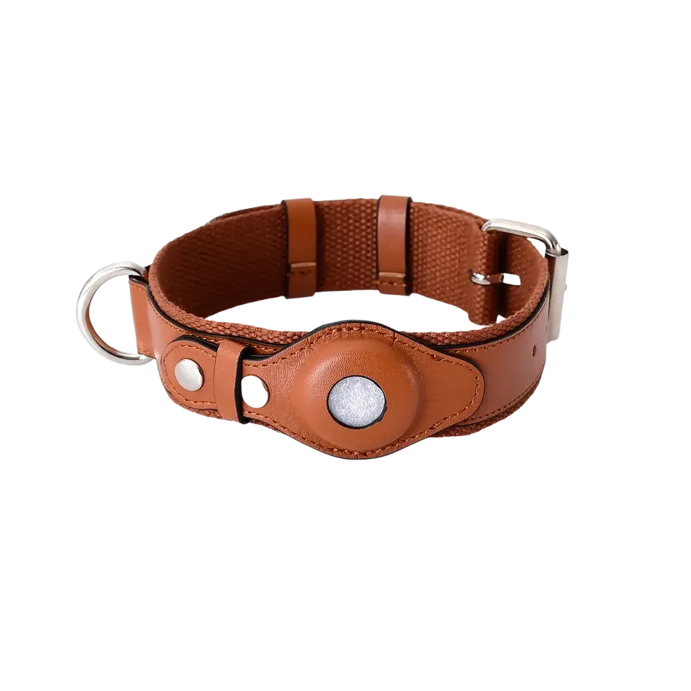 Brown leather dog collar with silver circular airtag tracker compatible with olive green leather leash set