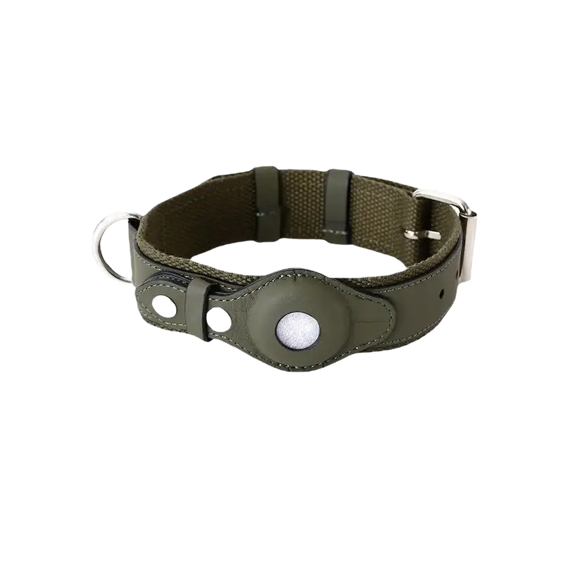 Olive green canvas dog collar with leather accent and silver hardware compatible with airtag tracking