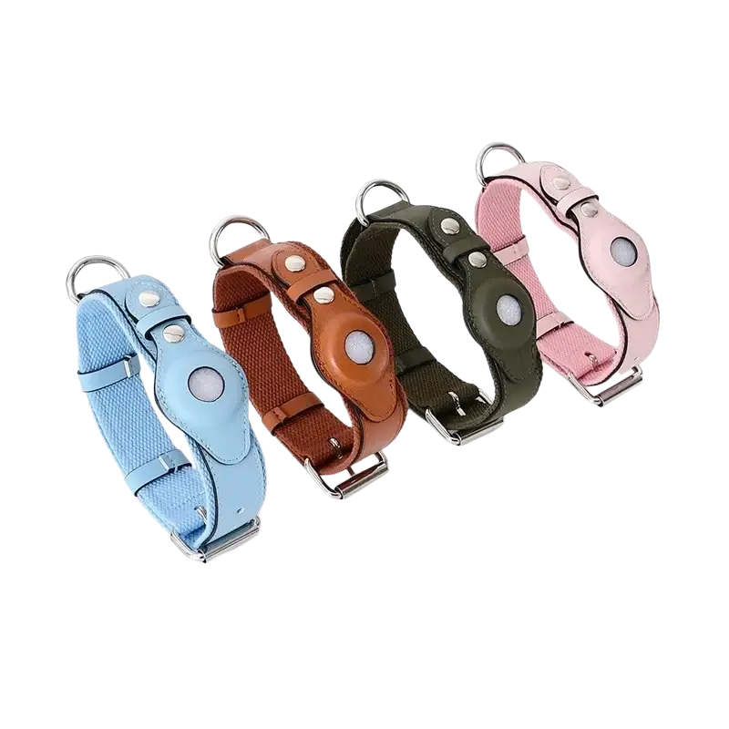 A set of four european standard leather dog collars in light blue brown olive green and pink airtag compatible