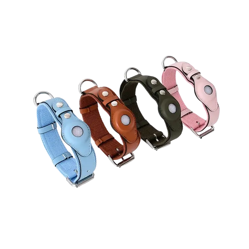 Leather dog collar and leash set airtag compatible in light blue brown olive green and pink with circular leather patch