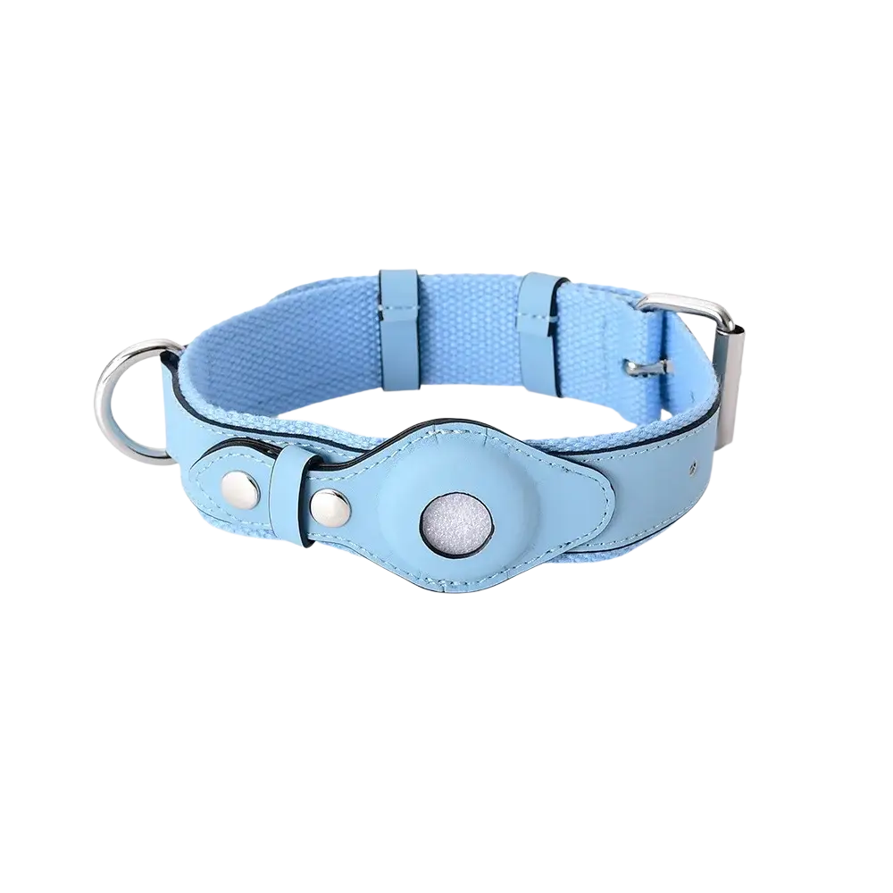 Light blue leather dog collar with silver buckle and oval attachment for pet tracker, Airtag compatible olive green set