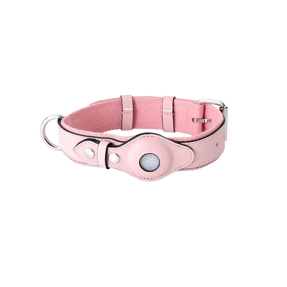 Pink leather dog collar with circular silver-toned tracker embedded centered in leather dog collar and leash set airtag compatible olive green