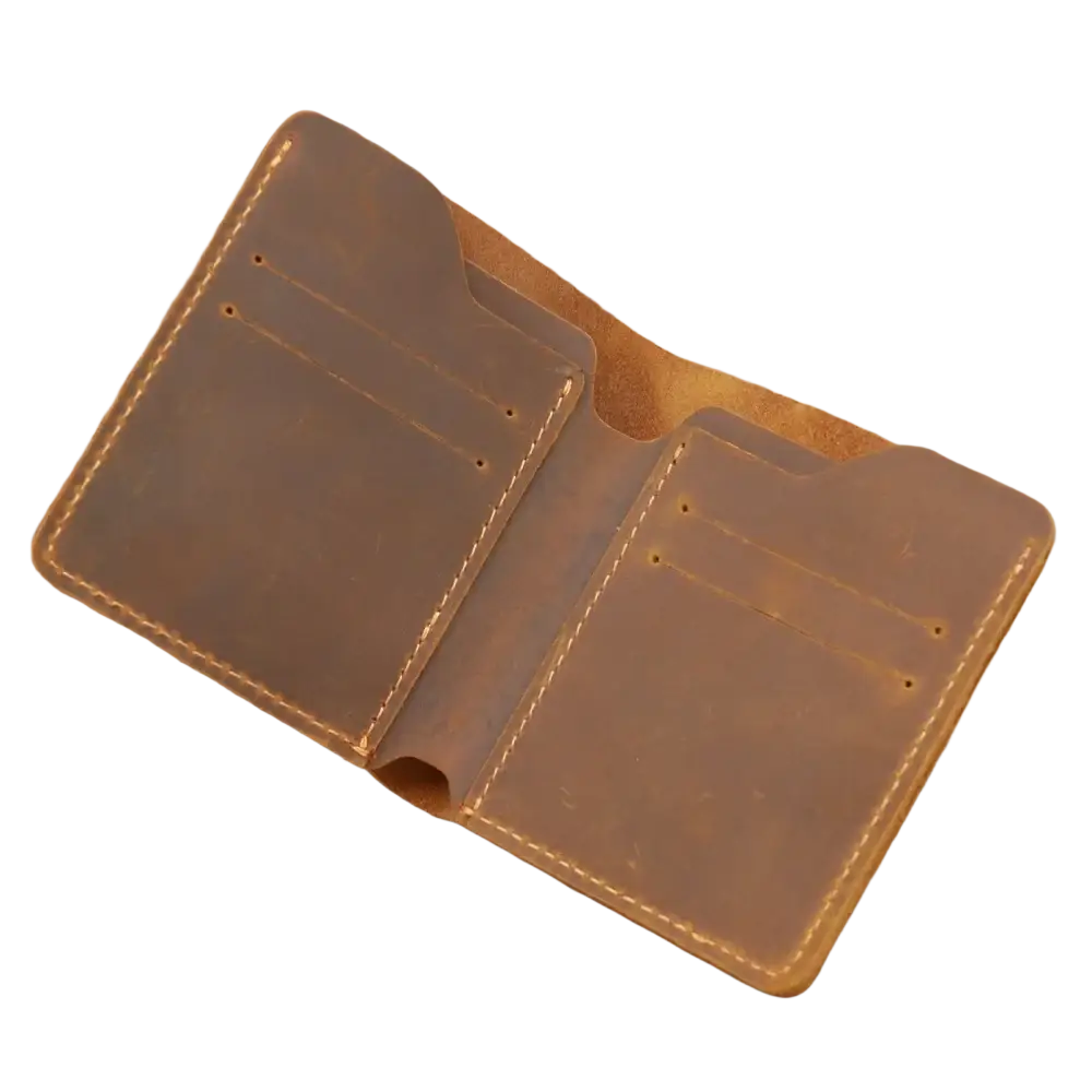 Brown leather driving license wallet for men with tan stitching and multiple card slots