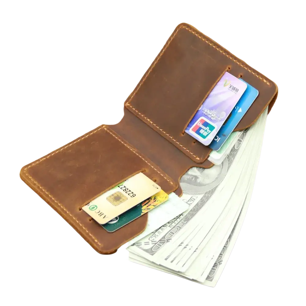 Brown leather driving license wallet for men with visible stitching multiple card slots holding credit cards and cash