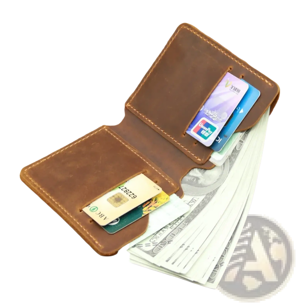 Brown leather driving license wallet for men with visible stitching multiple card slots holding credit cards and cash