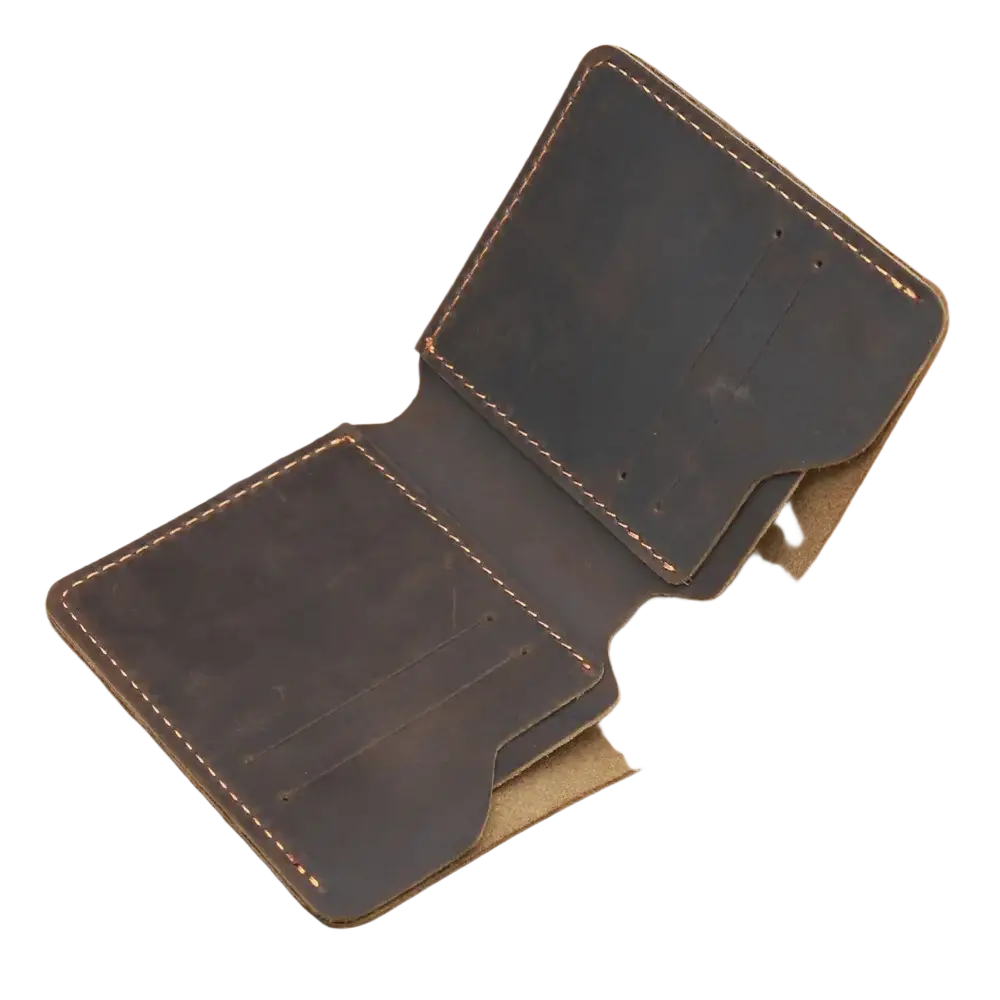Dark brown leather driving license wallet for men with visible stitching and multiple card slots