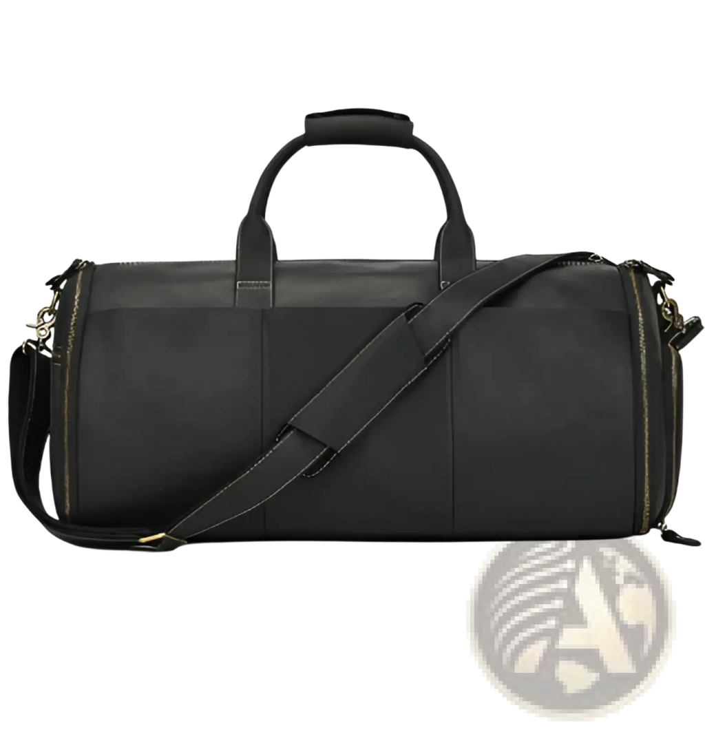 Black leather duffle bag vintage large folding travel bag with sturdy handle and adjustable shoulder strap