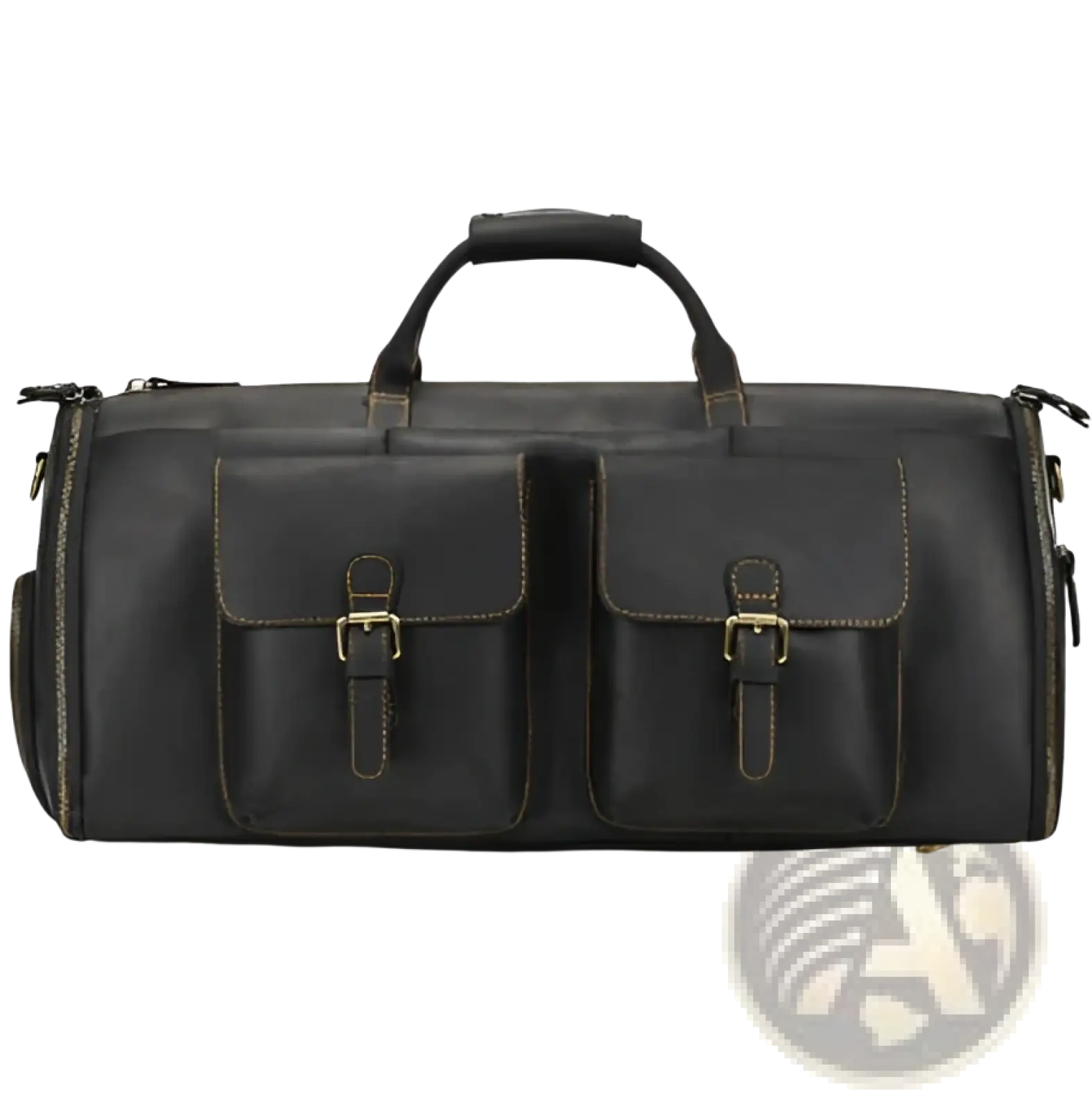 Black leather duffle bag with two front flap pockets secured by brass buckles and a top handle for vintage travel