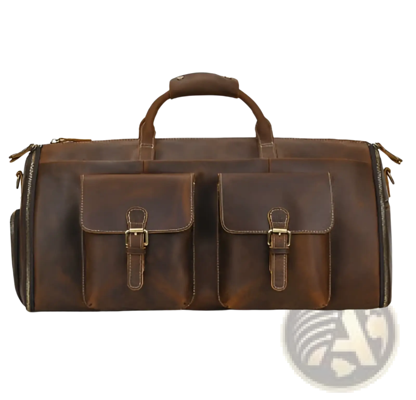 Brown leather vintage large duffle bag with two front flap pockets secured by brass buckles for travel use