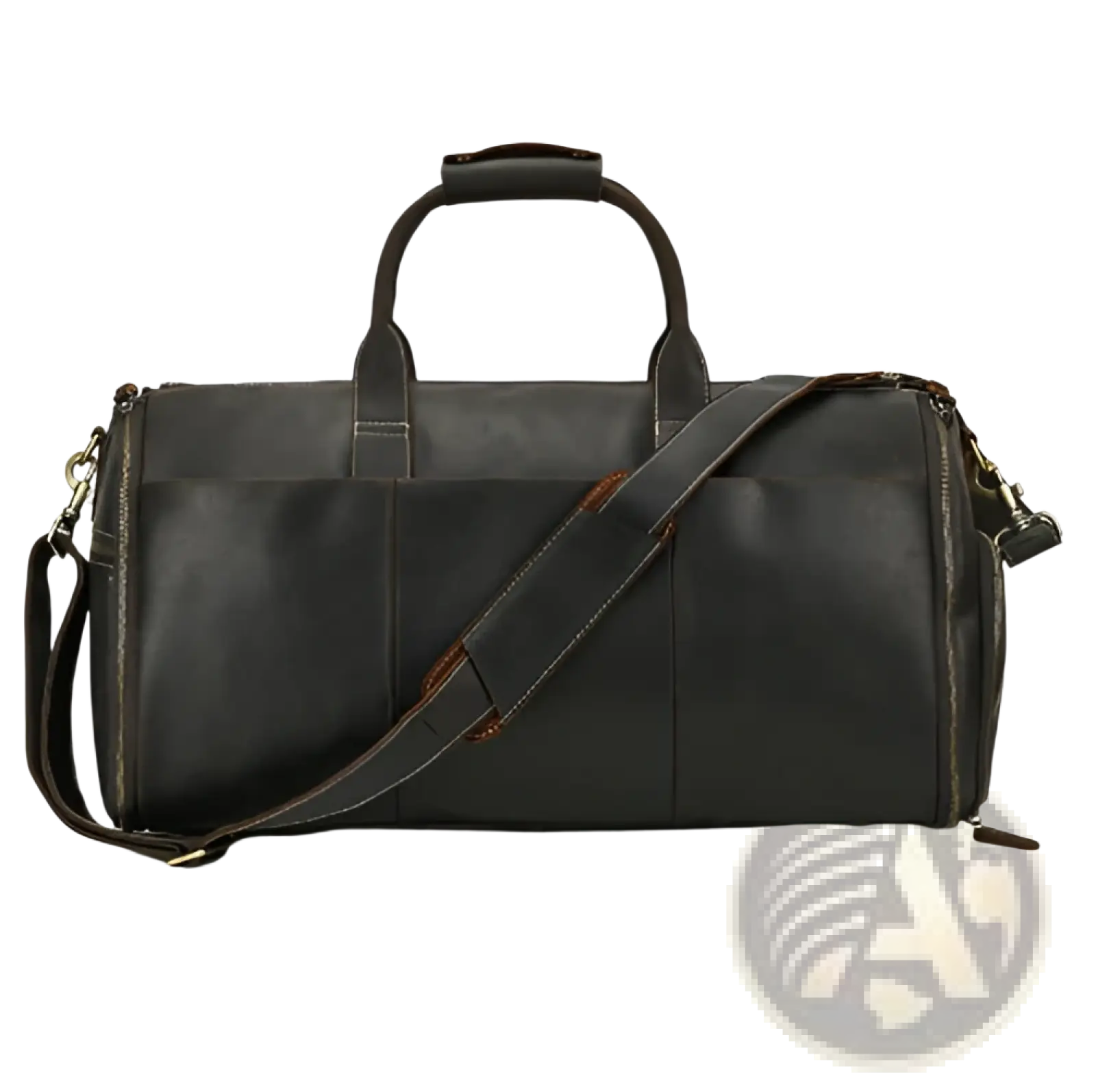 Black leather duffle bag vintage large folding travel bag with contrasting brown stitching and detachable shoulder strap