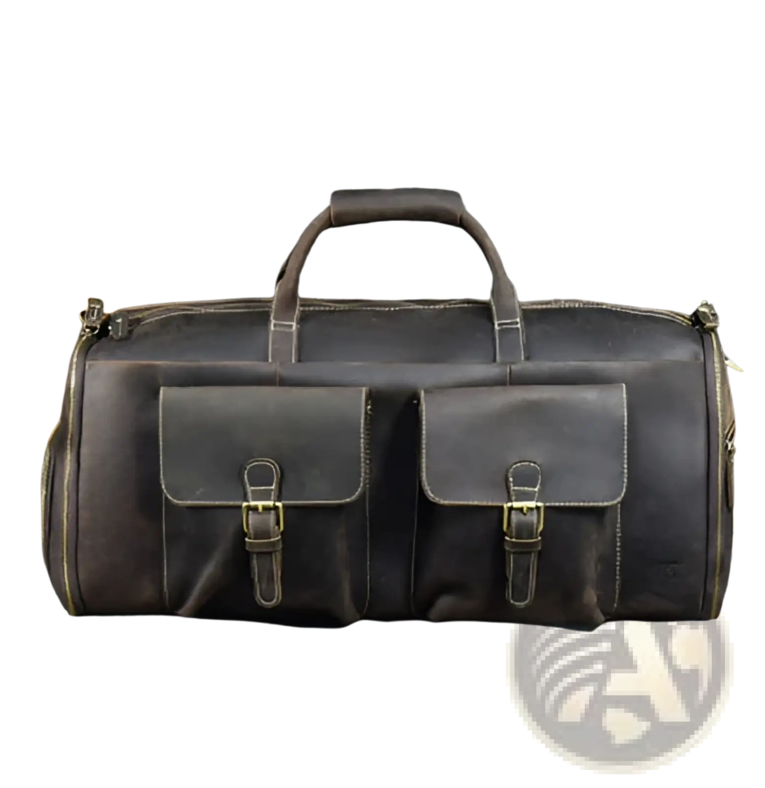 Dark brown leather duffle bag vintage large folding travel bag with two front flap pockets and brass buckles
