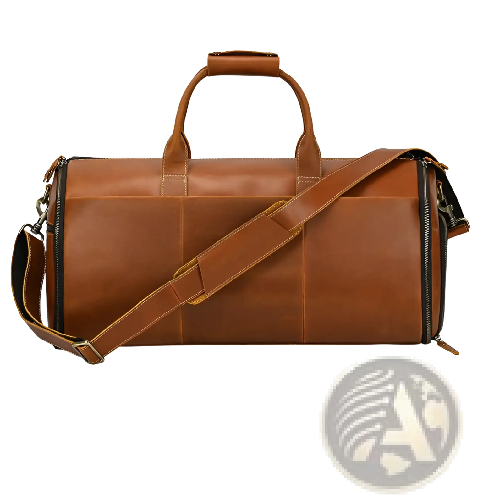 Brown leather duffle bag with top handle and adjustable shoulder strap for vintage large folding travel use