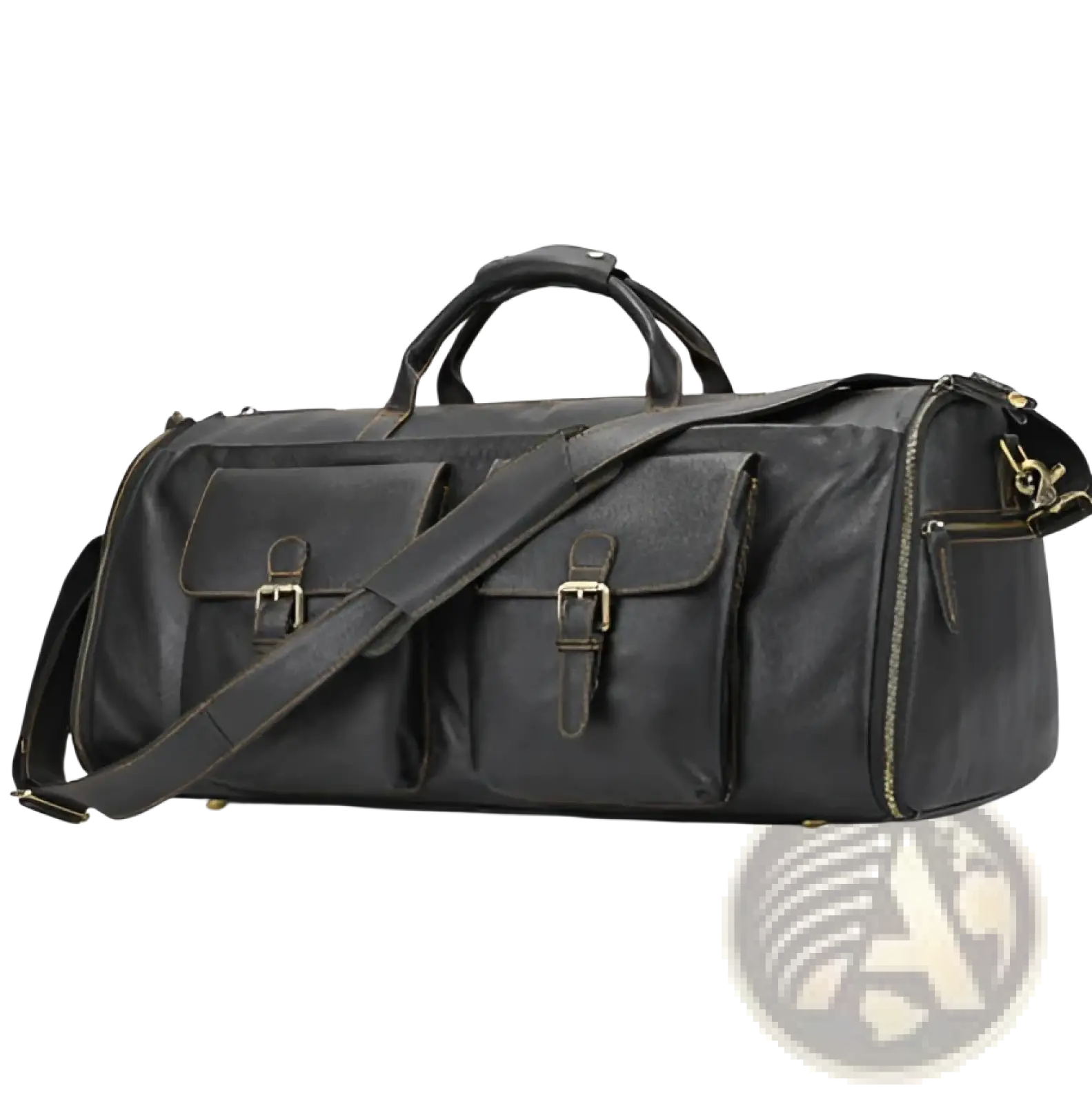 Black leather duffle bag with multiple front pockets and gold-tone hardware for vintage large folding travel use