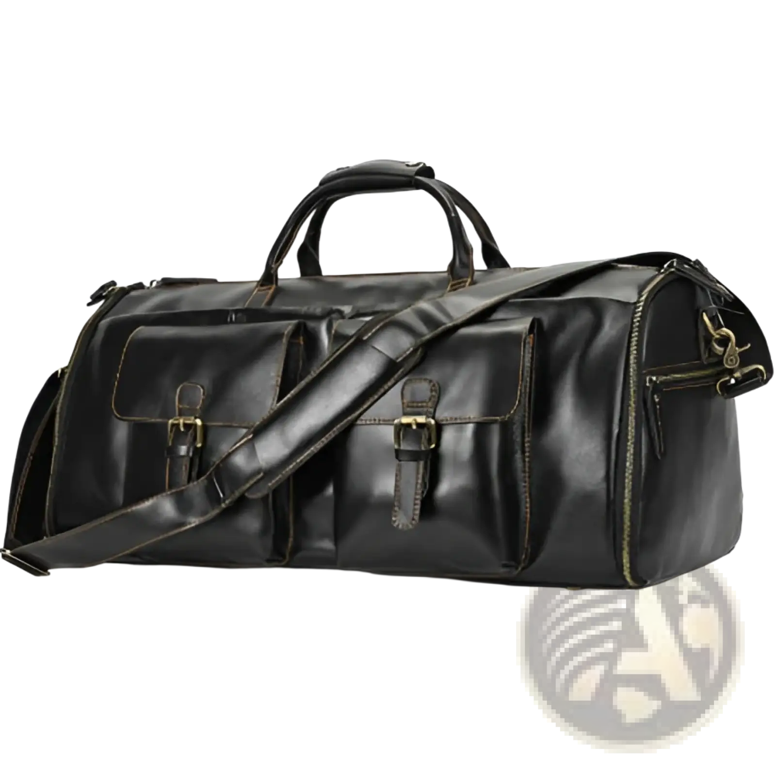 Black leather duffle bag with multiple pockets and brass hardware vintage large folding travel bag