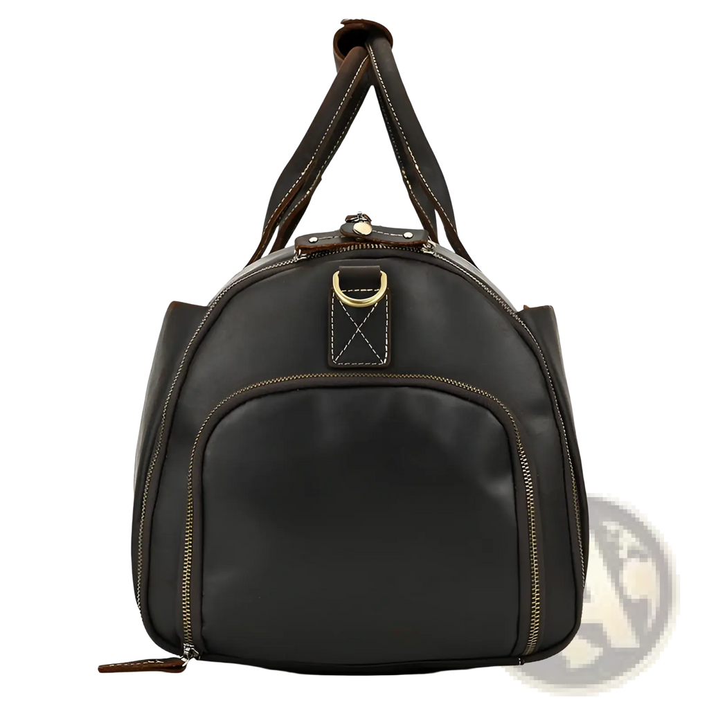 Black leather duffle bag with brown stitching and gold-tone hardware for vintage large folding travel use