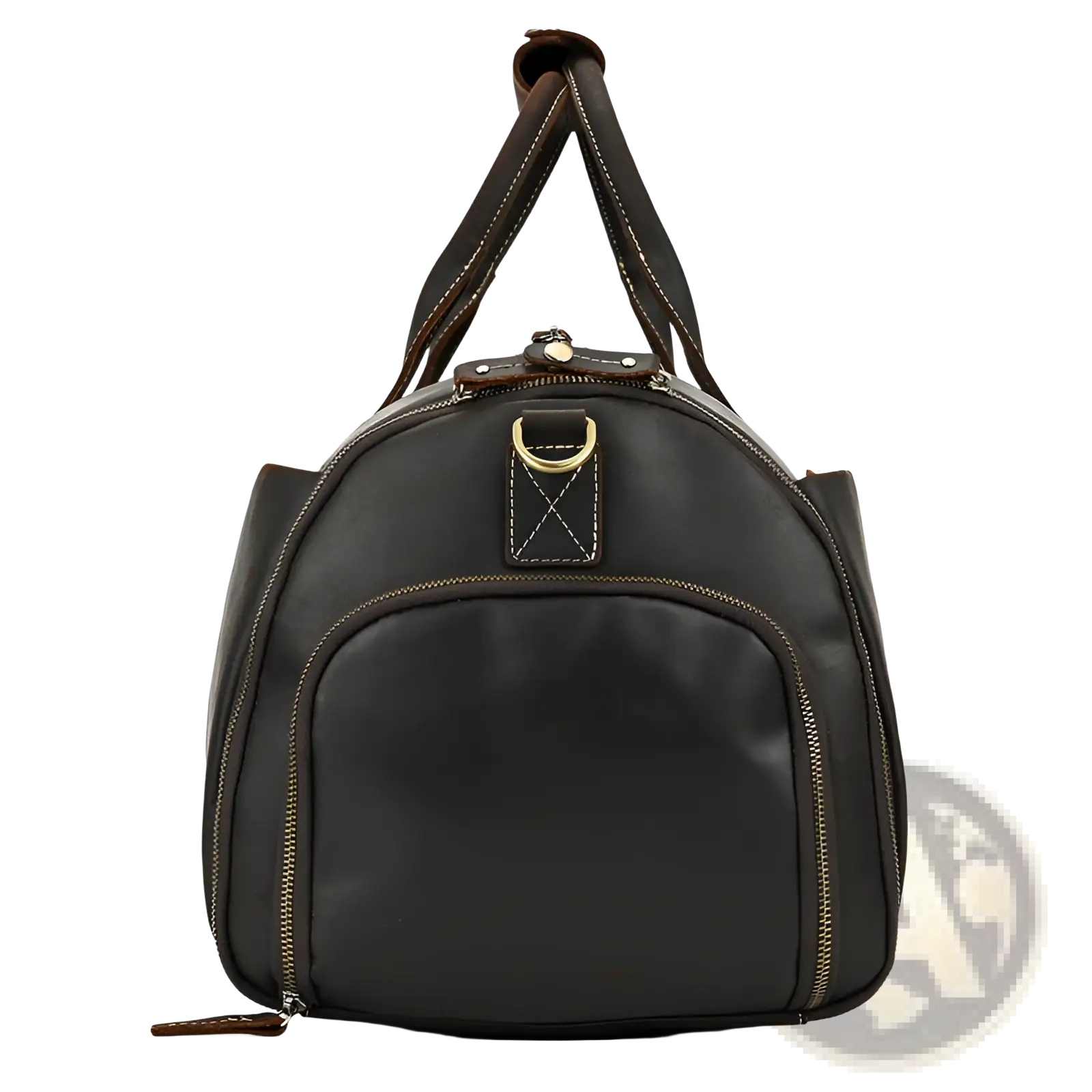 Black leather duffle bag with brown stitching and gold-tone hardware for vintage large folding travel use