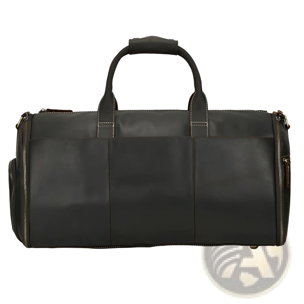 Black leather duffle bag with sturdy handles and gold-toned zippers for vintage large folding travel use