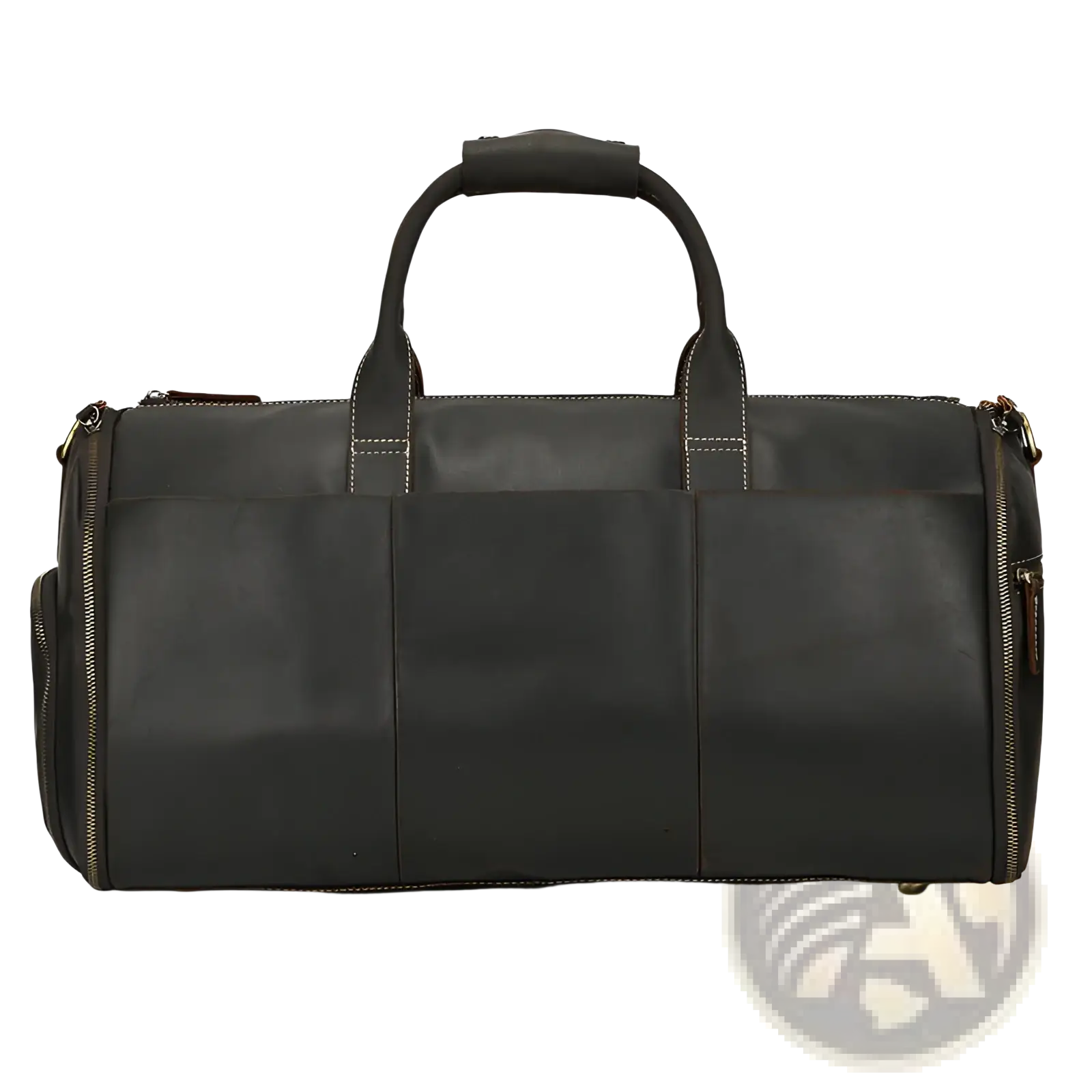Black leather duffle bag with sturdy handles and gold-toned zippers for vintage large folding travel use