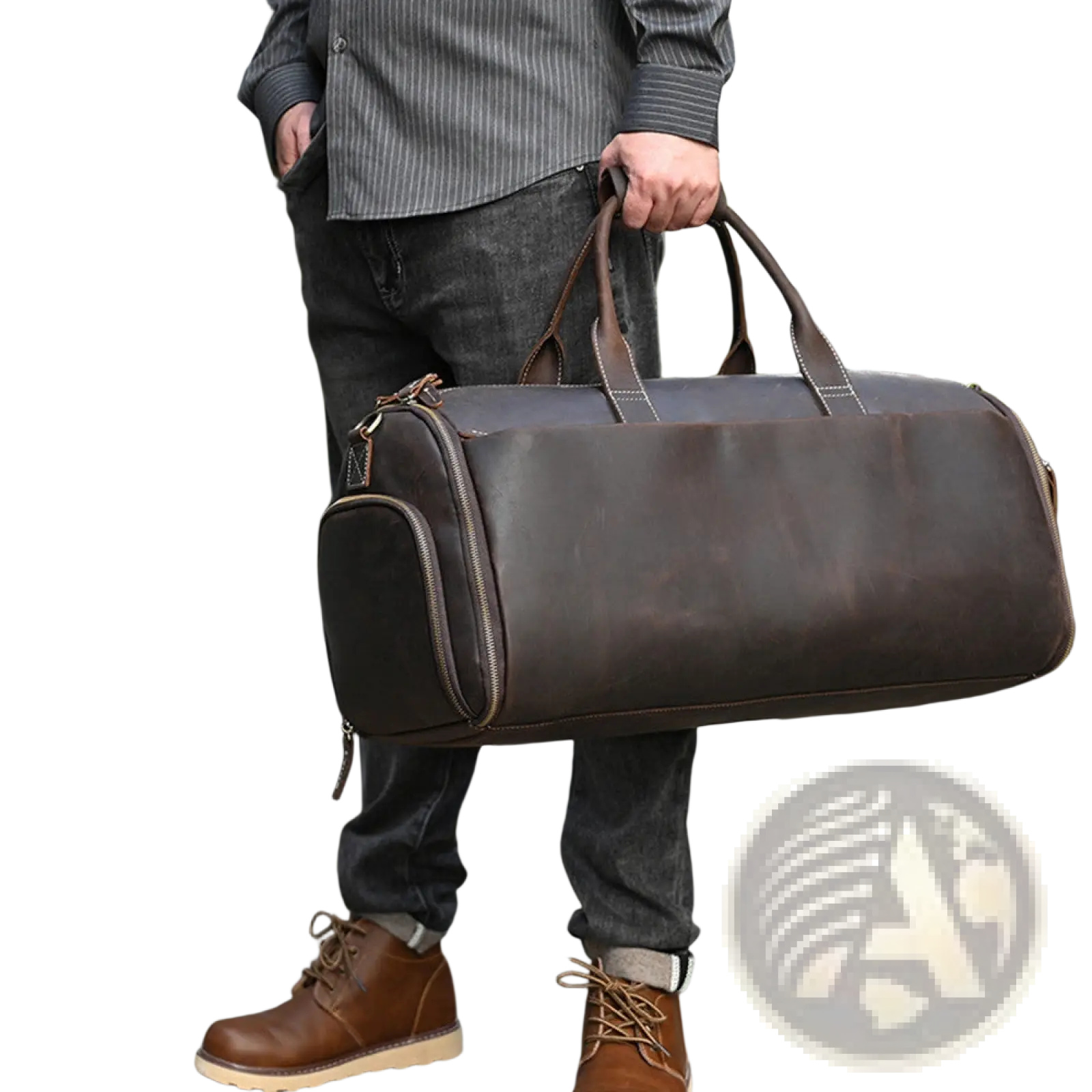 Brown leather duffle bag vintage large folding travel bag with sturdy handles and front zipper pocket