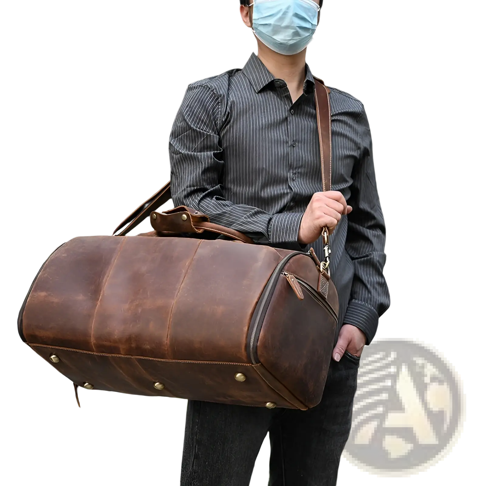 Brown leather duffle bag vintage large folding travel bag with brass hardware and sturdy shoulder strap