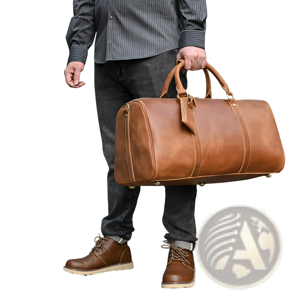 Brown leather vintage large duffle bag with sturdy handles and matching tag for folding travel use