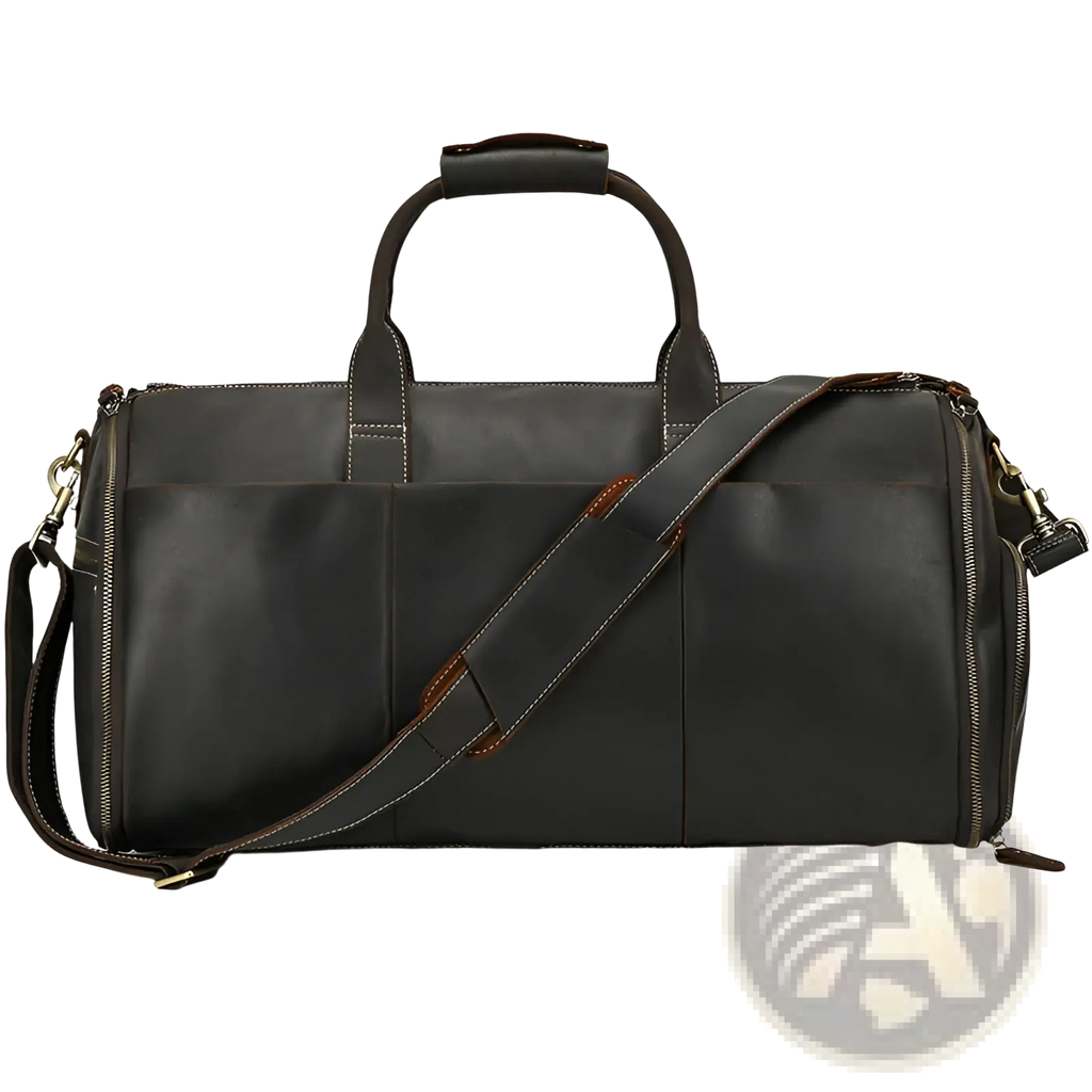 Leather duffle bag vintage large folding travel bag in dark brown leather with contrasting tan stitching and detachable strap