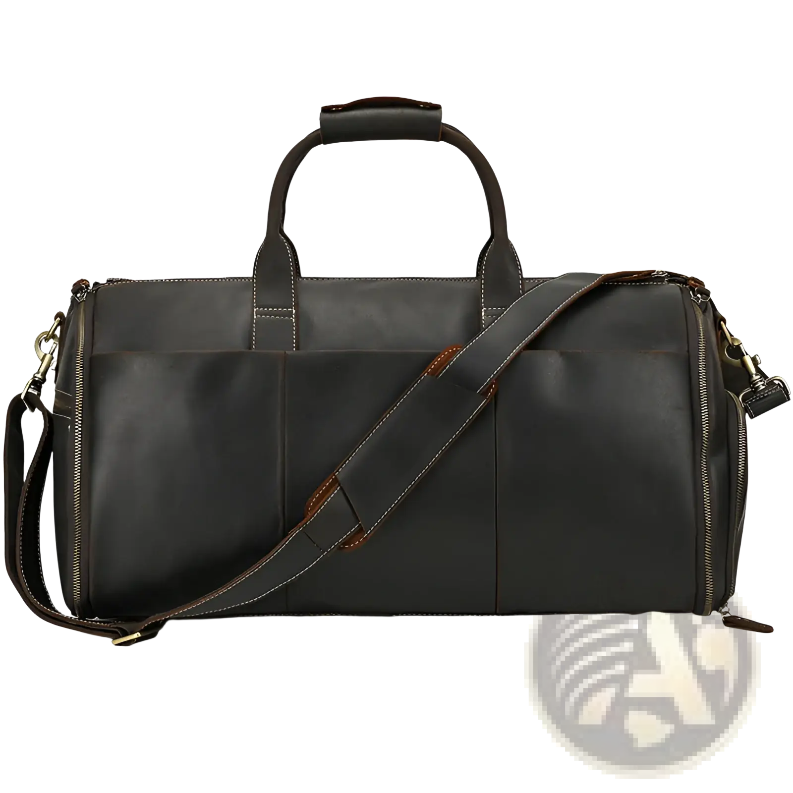 Leather duffle bag vintage large folding travel bag in dark brown leather with contrasting tan stitching and detachable strap