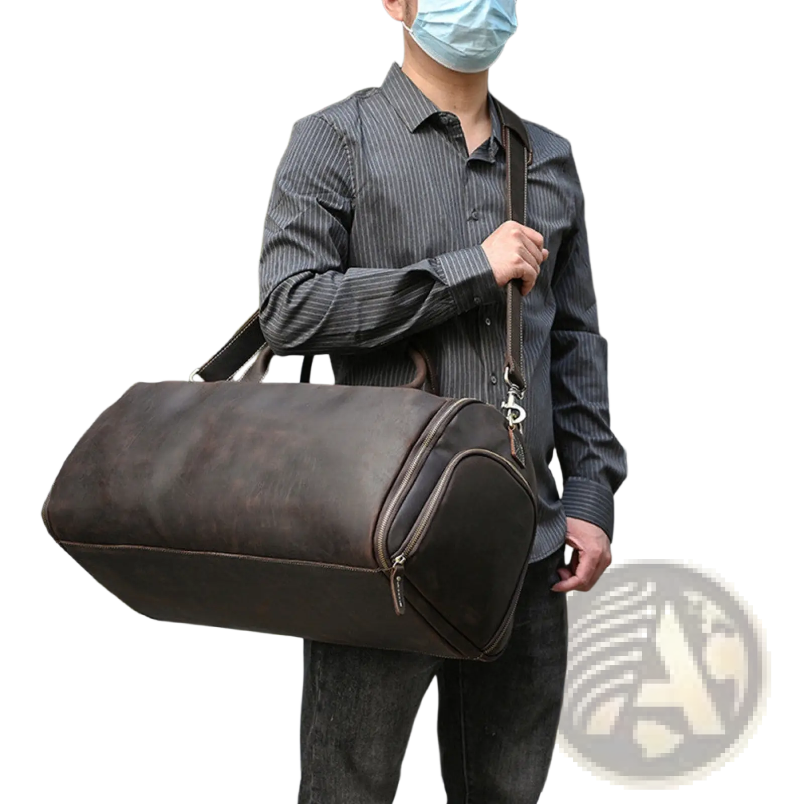 Dark brown leather vintage large duffle bag with sturdy strap and zipper closures for travel