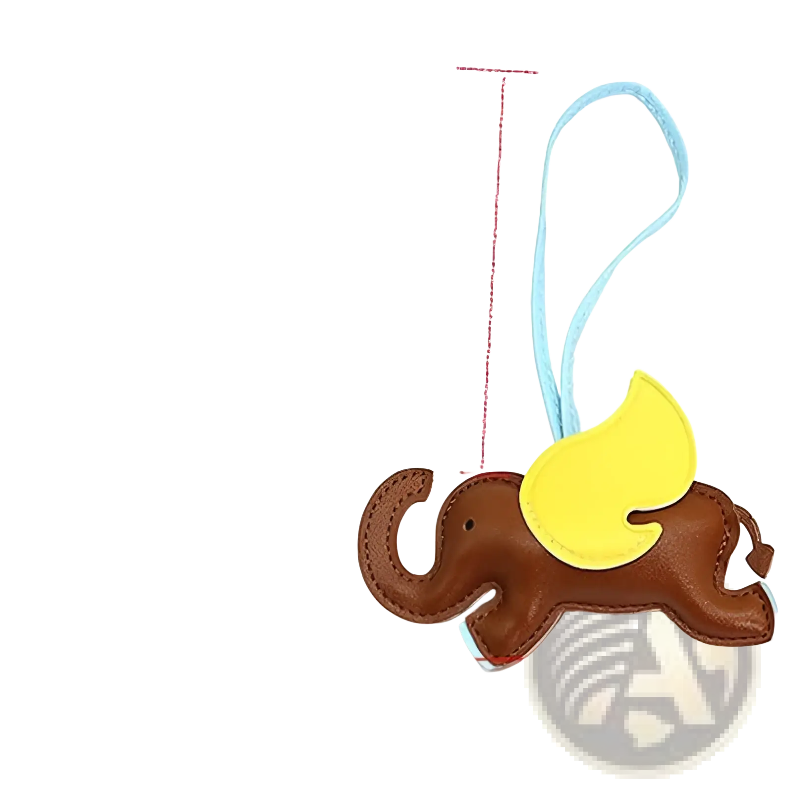 Brown leather elephant keychain with yellow wing and light blue strap as part of leather elephant bag charm and card holder set