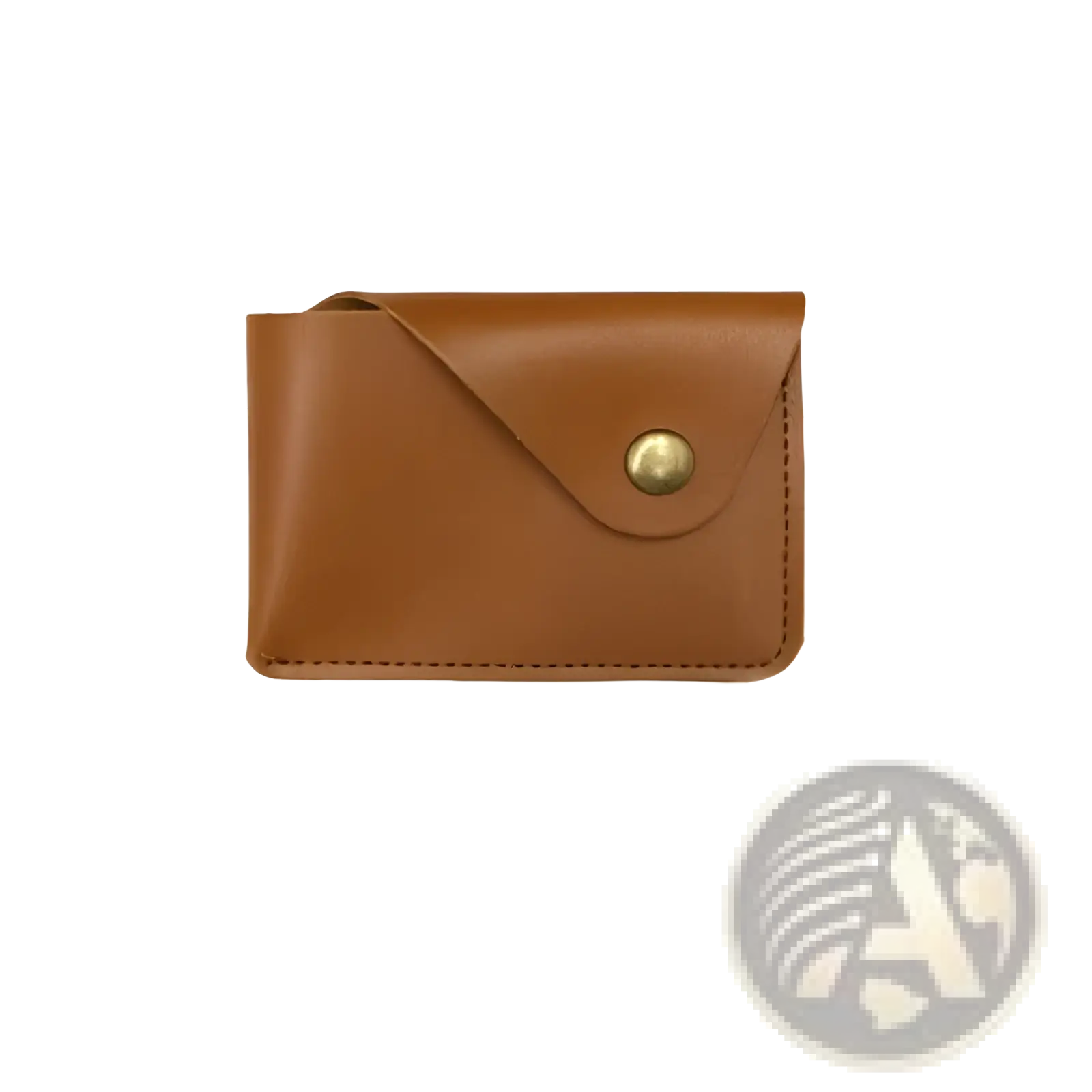 A compact tan leather card holder with gold snap button closure and stitching from the leather elephant bag charm set