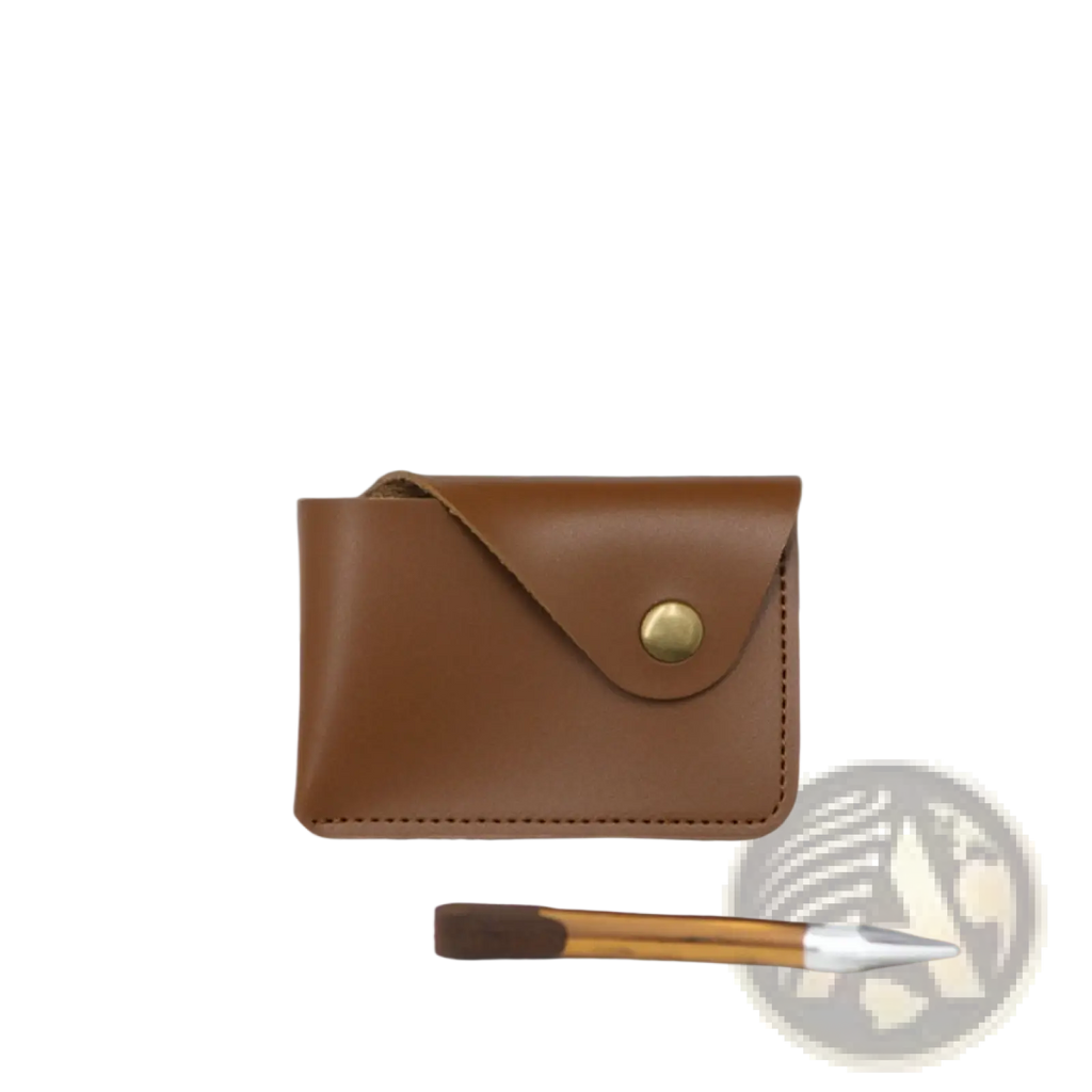 Brown leather slim card holder with gold-toned snap button closure from leather elephant bag charm set