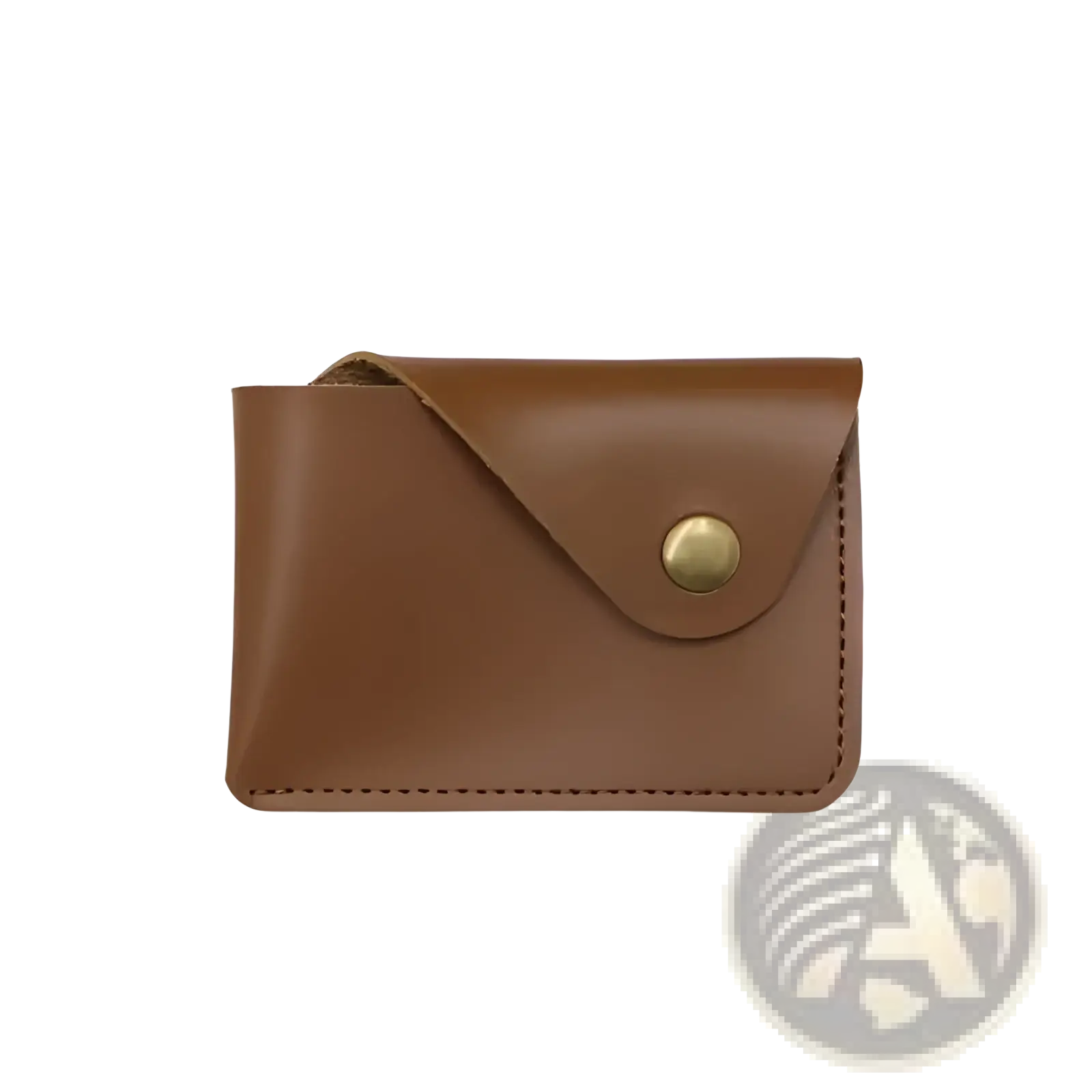 Brown leather slim card holder with brass button closure and visible stitching from leather elephant bag charm set