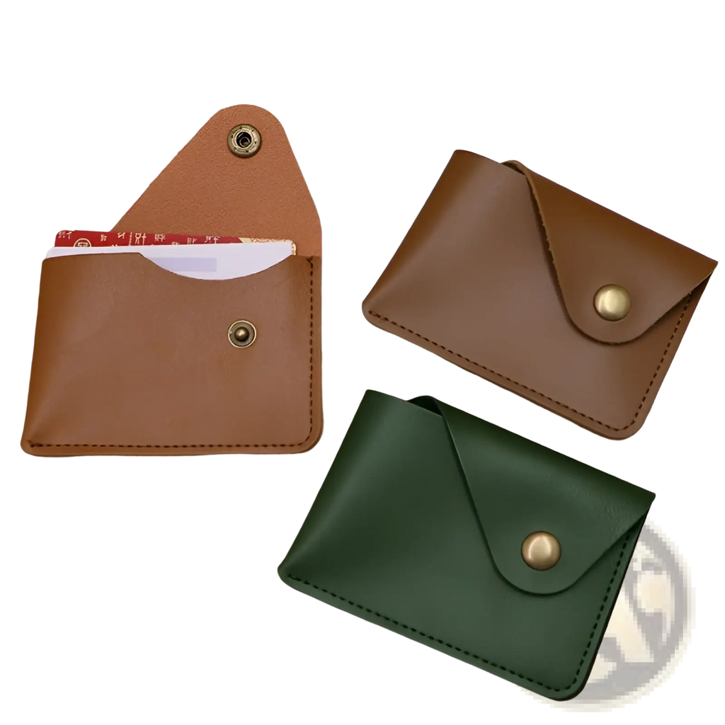 Brown and green leather card holders with brass button closures in the leather elephant bag charm and slim card holder set