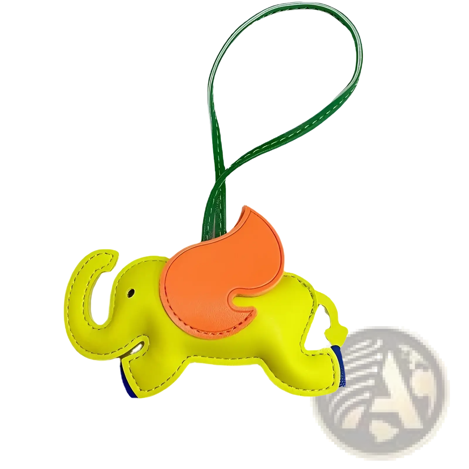 Bright yellow leather elephant bag charm with orange wing and green strap keychain for stylish accessory use